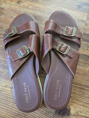 Cole Haan Grand Series Brown Leather Slide Sandals with Buckles "Megan", 8.5
